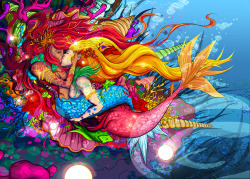 Siterlas:  Fuckyeahlesbians:  [Image: Extremely Colorful Art Of Two Long-Haired Mermaids