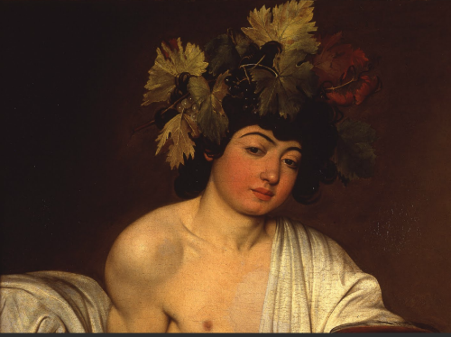 Caravaggio, The Adolescent Bacchus, 1595-97. If you look closely, you can see a reflection of Carava