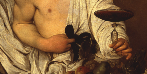 Caravaggio, The Adolescent Bacchus, 1595-97. If you look closely, you can see a reflection of Carava