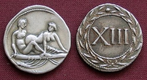 savevsdeath:  spintria, Rome, 1st century BCE This is a spintria. They were used in ancient Rome to  request and pay for different “services” in brothels and from  prostitutes on the street.  As a cosmopolitan city, many visitors did not speak the