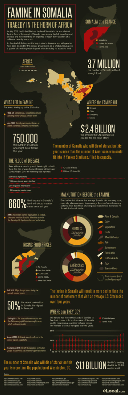 pulitzercenter:
“ An info graphic depicting famine in Somalia by the numbers shared by The Washington Post.
“ Seven hundred and fifty thousand Somalis may die of starvation this year. That’s equivalent to wiping out every single person in Washington,...