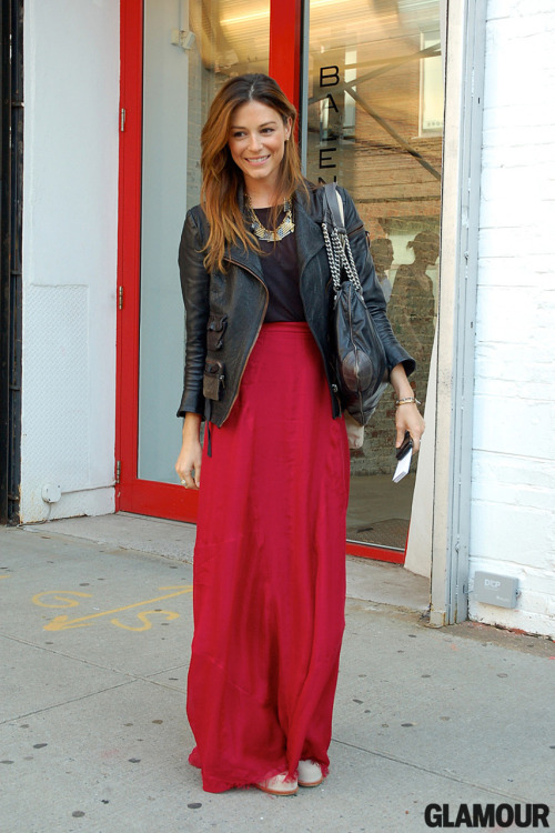glamour: Your long flirty skirt’s new best friend? A tough leather jacket.
