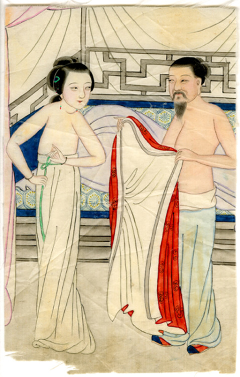 centuriespast: UnknownChinese (19th century)Erotic image with man holding a woman’s red cloak19th ce