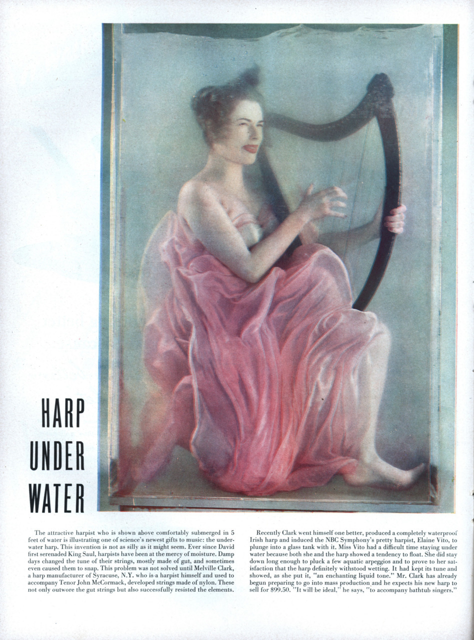 retrozone:
“ HARP UNDER WATER
The attractive harpist who is shown above comfortably submerged in 5 feet of water is illustrating one of science’s newest gifts to music: the underwater harp. This invention is not as silly as it might seem. Ever since...