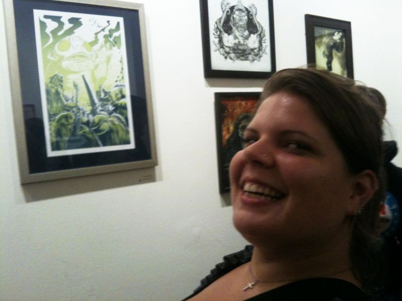 southfellini:  Christine Larsen and her limited edition Lovecraft print. 2 color