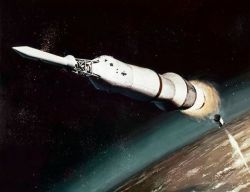 fuckyeahspaceexploration:  Awesome piece of Nasa concept art from the 60s depicting Saturn V in action. 
