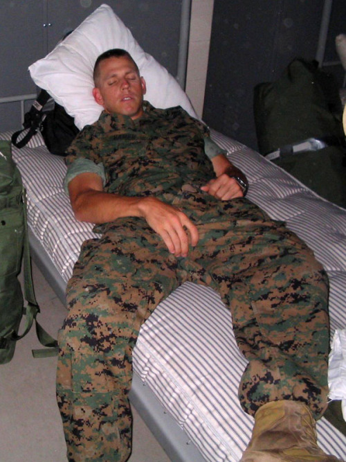 Sleeping army cadet, rubbing his cock.