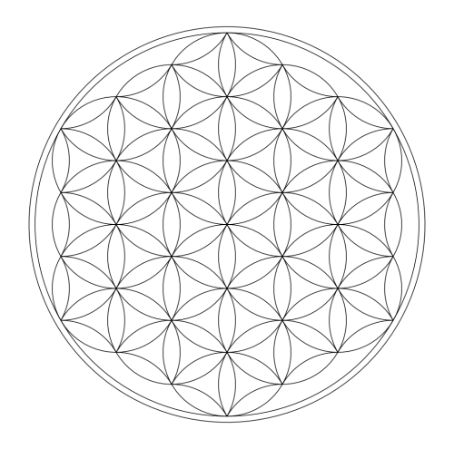  The Flower of Life is a geometrical figure composed of multiple evenly-spaced, overlapping circles, that are arranged so that they form a flower-like pattern with a six-fold symmetry like a hexagon. In other words, the center of each circle is on the