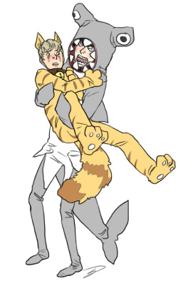 this is my favorite photo of a cat with a person in a shark costume there are many but this is the one  sherlockianforlife: Could  you draw Sherlock in a Shark costume and John in a kitten costume. That  would awesome and super cute. :3