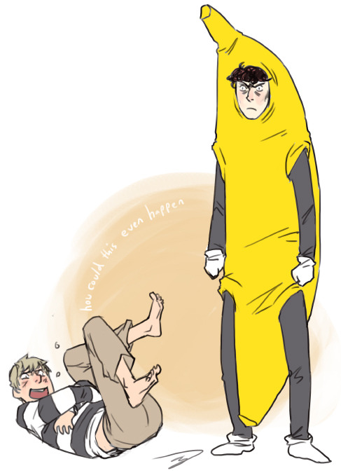 and now it’s done and you can’t take it back you are responsible stuff-and-shenanigans: Someone  told me I should request that you draw a displeased Sherlock dressed as  the Peanut Butter Jelly Time banana while John rolls on the floor  laughi