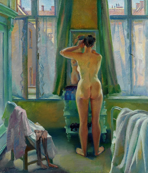 art-mirrors-art:  Conrad Felixmüller - Young woman at mirror (1937) 