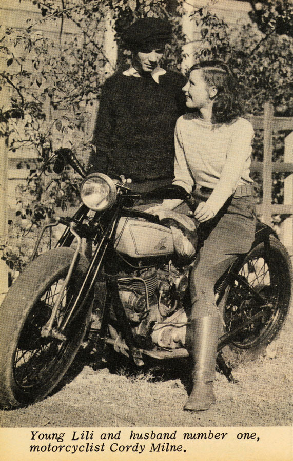 In England, a teenage Lili St. Cyr poses on her husband Cordy&rsquo;s motorcycle..