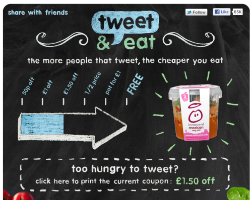 Innocent’s new #tweetandeat campaign gets people working, or rather tweeting, together to bring the price down on one of their veg pots. If enough (how many I wonder?) people tweet, then eventually the price can reduce to zero.
I’ve often seen this...