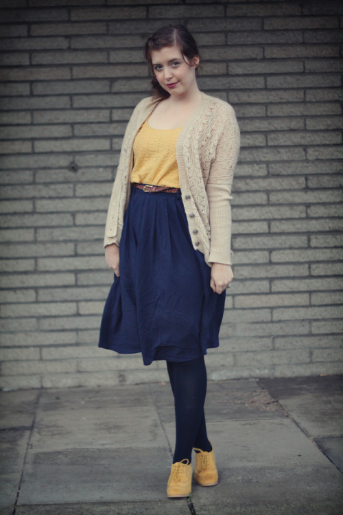 Blue tights and skirt + Yellow top and shoes