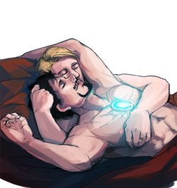 elliottmarshal:  [Image: A full color image of Steve and Tony cuddling in their bed. They’re both topless.] ironfries:  aggressive cuddling 8)   I see wedding rings!