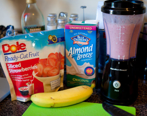 Smoothie time! &frac12; cup of frozen strawberries, 1 small banana and a cup of Almond Breeze. 1