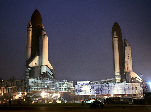 The Shuttle Shuffle: Space Shuttles Columbia and Atlantis meet, as Atlantis (STS-28) rolls back to t