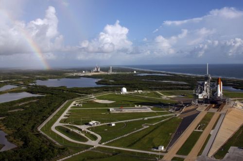 Two Shuttles, September 2008: Atlantis (near) on Pad 39-A awaiting launch on mission STS-125, the fi