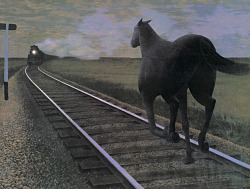 welovepaintings:  Alex Colville Horse And Train 1954 