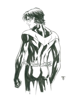 cureelliott:  [Image: A black and white sketch of DC Comics character Nightwing, wearing his pre-reboot costume. He faces away from the viewer, showing us is muscular back and perfect, firm backside. The waist of his costume is stuffed with dollar bills.]