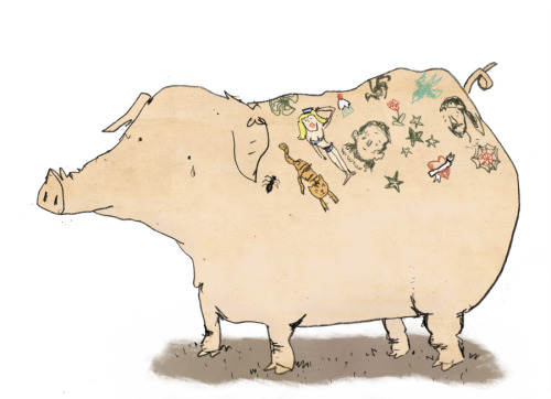 jamespdavies:Nice ink, pig. Quickly coloured drawing from the sketchbook.James on Tumblr radar, hoor