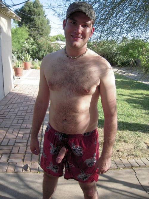 Hairy redneck.  His boner hanging out of his boxer shorts.