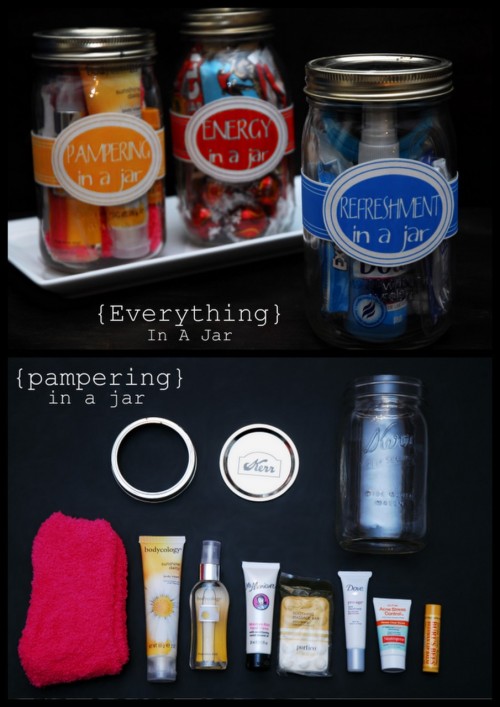 DIY Everything in a Jar. Really clever idea with suggestions for what to put in the jars and then fr