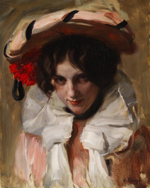 Arthur Kampf , Aachen 1864 - 1950 Kastrop-Rauxel  Portrait of a young lady with hat and red flower i