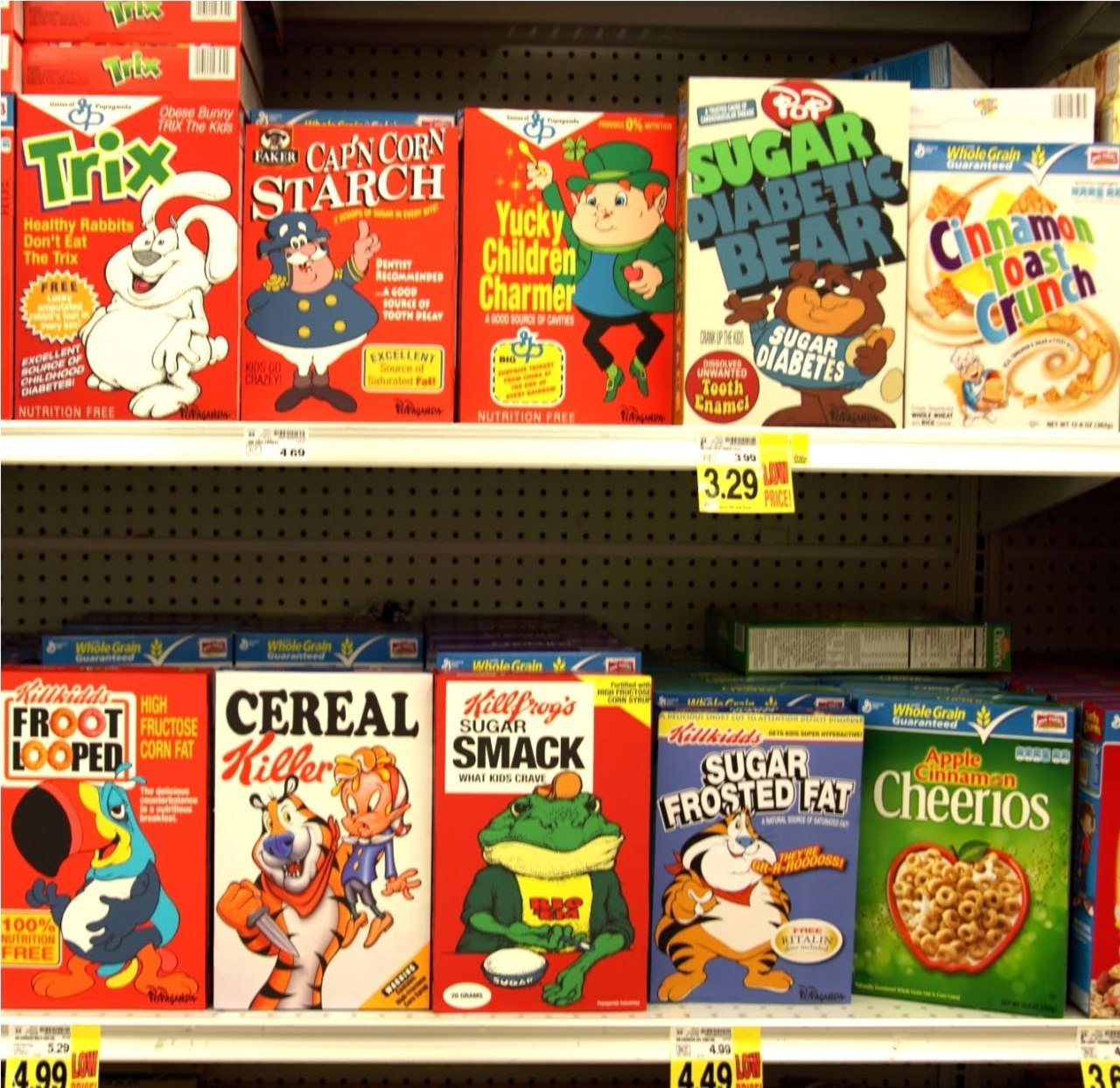 Breakfast is ready: Fake cereal boxes by Ron English
Apparently planted in a store in Venice, California. But don’t touch the Apple Cinnamon Cheerios. That shit is good.
Via