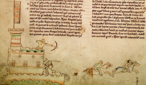 An early 13th-century drawing by Matthew Paris showing contemporary warfare, including the use of ca