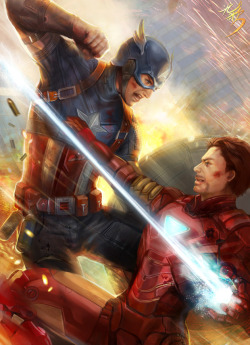 justinrampage:  Two heavy hitting Marvel heroes face off in Yang Fan’s new fan art illustration. This epic battle was created for the New York Comic Con (October 13-16). Civil War - Captain American VS. Iron Man by Yang Fan / jiuge 