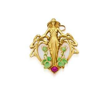 An art nouveau opal, ruby and enamel pendant, French, circa 1900  designed as a maiden on a backgrou
