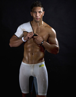 ragtagtags:  troyisnaked:  Brodie Jammal by Tom Cullis  Weakness: wet, white VPL - and then add Spandex/Lycra *boing* 