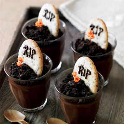 twinwitch:
“ This is a true chocolate-lover’s dessert: rich, thick puddings topped with chocolate wafer “dirt” and cookie “gravestones.” Best of all, you can make the puddings with very little fuss using a microwave and a blender. I make it in old...