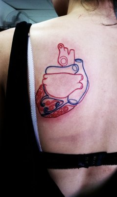 fuckyeahtattoos:  anatomical posterior view of the heart, june 2011artist: phillip leslie, ultimate tattoo - san diego, ca “although i am vulnerable i will always keep my heart open” i got this tattoo during a time when i started to feel really