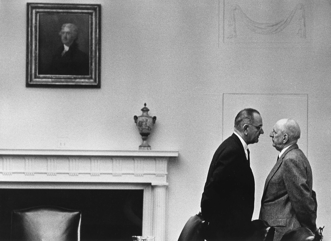 President Lyndon Johnson with Senator Richard Russell at the White House, Washington,