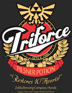 justinrampage:  Hyrule’s very own Zelda Brewing Company has recently released it’s powerful Triforce Pilsner Potion! This tasty shirt design is now up for vote at Qwertee and also on sale at RedBubble for 25 shiny rupees. Special Potion by Steve