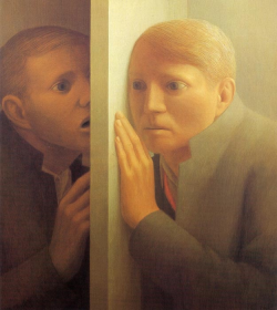 artqueer:  George TookerVoice 11963Egg tempera on gesso panel “I am after painting reality impressed on the mind so hard that it returns as a dream, but I am not after painting dreams as such, or fantasy.” - George Tooker 