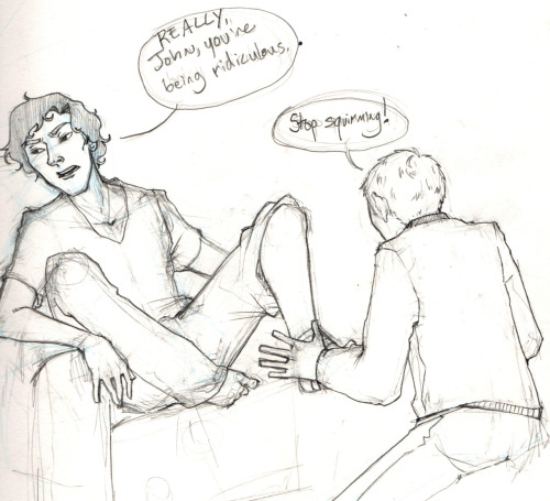 Doodle based off of a silly AIM RP I did with my bro alcoholandirony, in which Sherlock’s foot punched through a chemical-spill weakened floor. Fussing and huffing ensued.