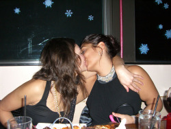 aninfinitejmfan:  Babes sucking lips at dining table What a sweet photo!  One thing that is good for girls is that they don’t have to be lesbians or even bisexual to kiss a girlfriend or even makeout with another woman.  They can simply suck on the