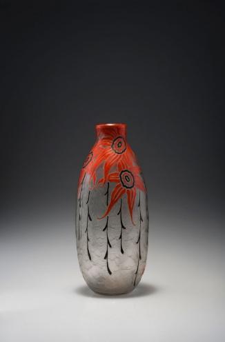 Legras & Cie., Saint-Denis. Vase, 1920s. Glass, clear, stylised flowers, etched, enamelled orang