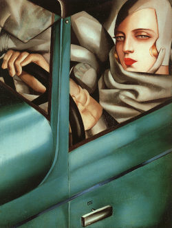 worldpaintings:   Tamara de Lempicka  Self-Portrait in the Green Bugatti, 1925, oil on wood, private collection. Tamara de Lempicka was a Polish Art Deco painter and “the first woman artist to be a glamour star.” Her distinctive and bold artistic