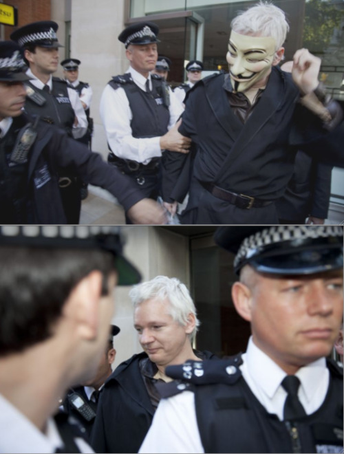 Londons Police force Julian Assange to take off his Guy Fawkes Mask. More Pictures