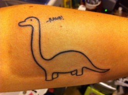 fuckyeahtattoos:  My new dinosaur tattoo. Drawn by me. When I paint, instead of signing my name, I put this dino somewhere in the painting. Not to mention I love dinosaurs. 