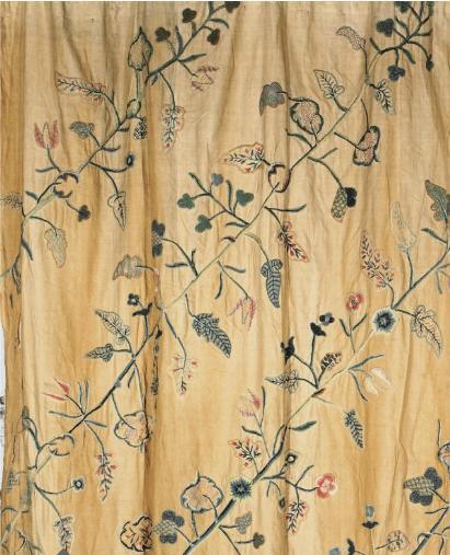 A PAIR OF CREWELWORK CURTAINS  ENGLISH, THE CREWELWORK 18TH CENTURY, REAPPLIED IN THE 19TH CENTURY  