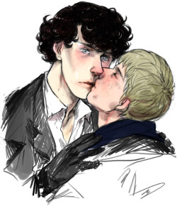 ;w; grrrbarrowman: How  about first kiss or something equally cheesy, but with John smiling for  once and Sherlock&rsquo;s face a bit blank, but with that intense gaze that we  all know and love.russiancheeseburgers: May I request a sweet little  kiss