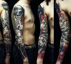 fuckyeahtattoos:  This is a vanitas done by Roberto from Art Corpus (Paris). It speaks for itself. Each element of this sleeve is a symbol of the transience of life and the certainty of death. I chose to break the hourglass because once Time is spent,