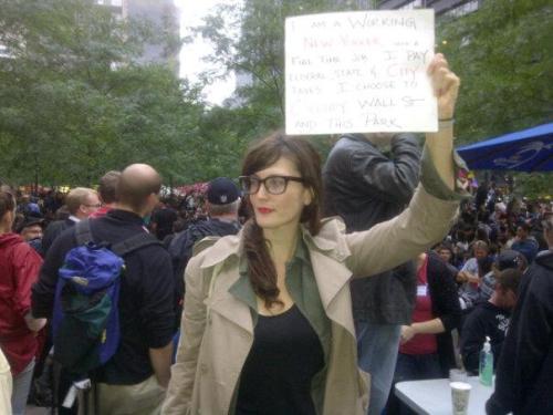 Fan submission. Taken on their Blackberry. Feel free to submit your own!
Sign: “I am a working New Yorker, have a full time job, I pay federal, state and city taxes. I choose to Occupy Wall Street and this park.”