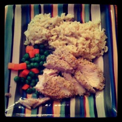 What I made dinner - Panko and Parmesan chicken, herb and butter rice and veges (Taken with instagram)