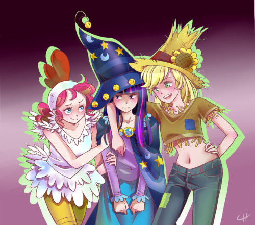 poniesaspeople:  [Image Description: a colored drawing of humanized Pinkie Pie, Twilight Sparkle, and Applejack in their Nightmare Night costumes. Pinkie Pie and Applejack are smiling and flanking Twilight, who looks embarrassed.] fuckyeahhumanmlp: 